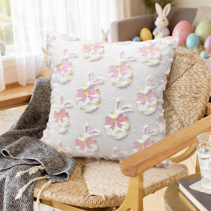 Easter Decorative Pillow Covers 18x18 inch Set of 2, Pink Ears Rabbit White Eggs with Bow Star Embroidered Soft Plush Faux Fur Farmhouse Throw Cushion Cases for Spring Holiday Home Decor