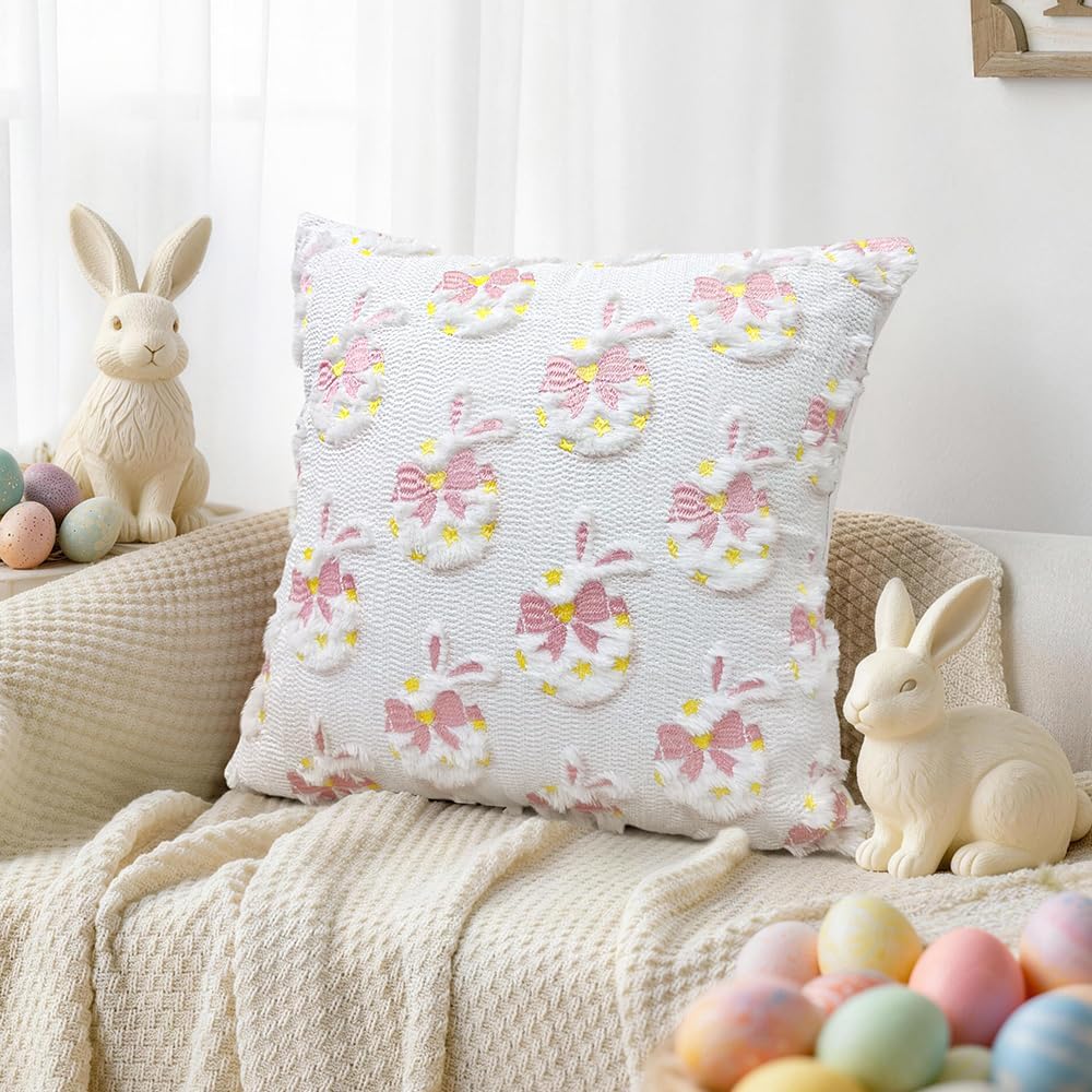 Easter Decorative Pillow Covers 18x18 inch Set of 2, Pink Ears Rabbit White Eggs with Bow Star Embroidered Soft Plush Faux Fur Farmhouse Throw Cushion Cases for Spring Holiday Home Decor