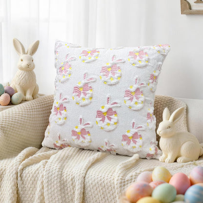 Easter Decorative Pillow Covers 18x18 inch Set of 2, Pink Ears Rabbit White Eggs with Bow Star Embroidered Soft Plush Faux Fur Farmhouse Throw Cushion Cases for Spring Holiday Home Decor