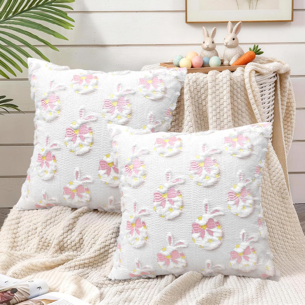Easter Decorative Pillow Covers 18x18 inch Set of 2, Pink Ears Rabbit White Eggs with Bow Star Embroidered Soft Plush Faux Fur Farmhouse Throw Cushion Cases for Spring Holiday Home Decor
