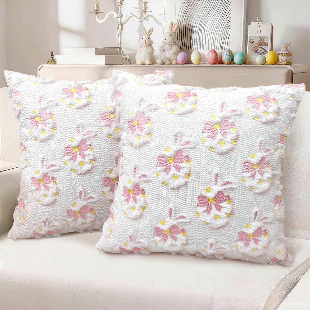 Easter Decorative Pillow Covers 18x18 inch Set of 2, Pink Ears Rabbit White Eggs with Bow Star Embroidered Soft Plush Faux Fur Farmhouse Throw Cushion Cases for Spring Holiday Home Decor