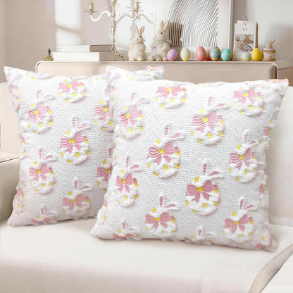 Easter Decorative Pillow Covers 18x18 inch Set of 2, Pink Ears Rabbit White Eggs with Bow Star Embroidered Soft Plush Faux Fur Farmhouse Throw Cushion Cases for Spring Holiday Home Decor