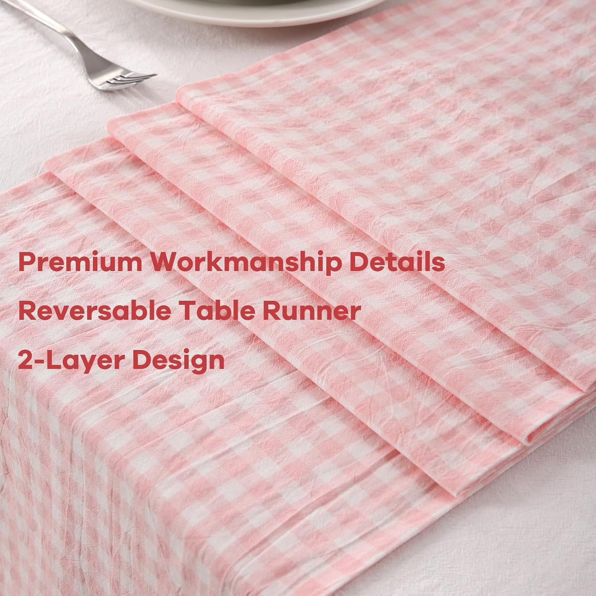 Peachy Blush White Plaid Gingham Ruffle Table Runner Cabinet Cover 13"x108"