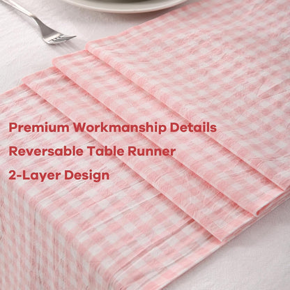 Peachy Blush White Plaid Gingham Ruffle Table Runner Cabinet Cover 13"x108"