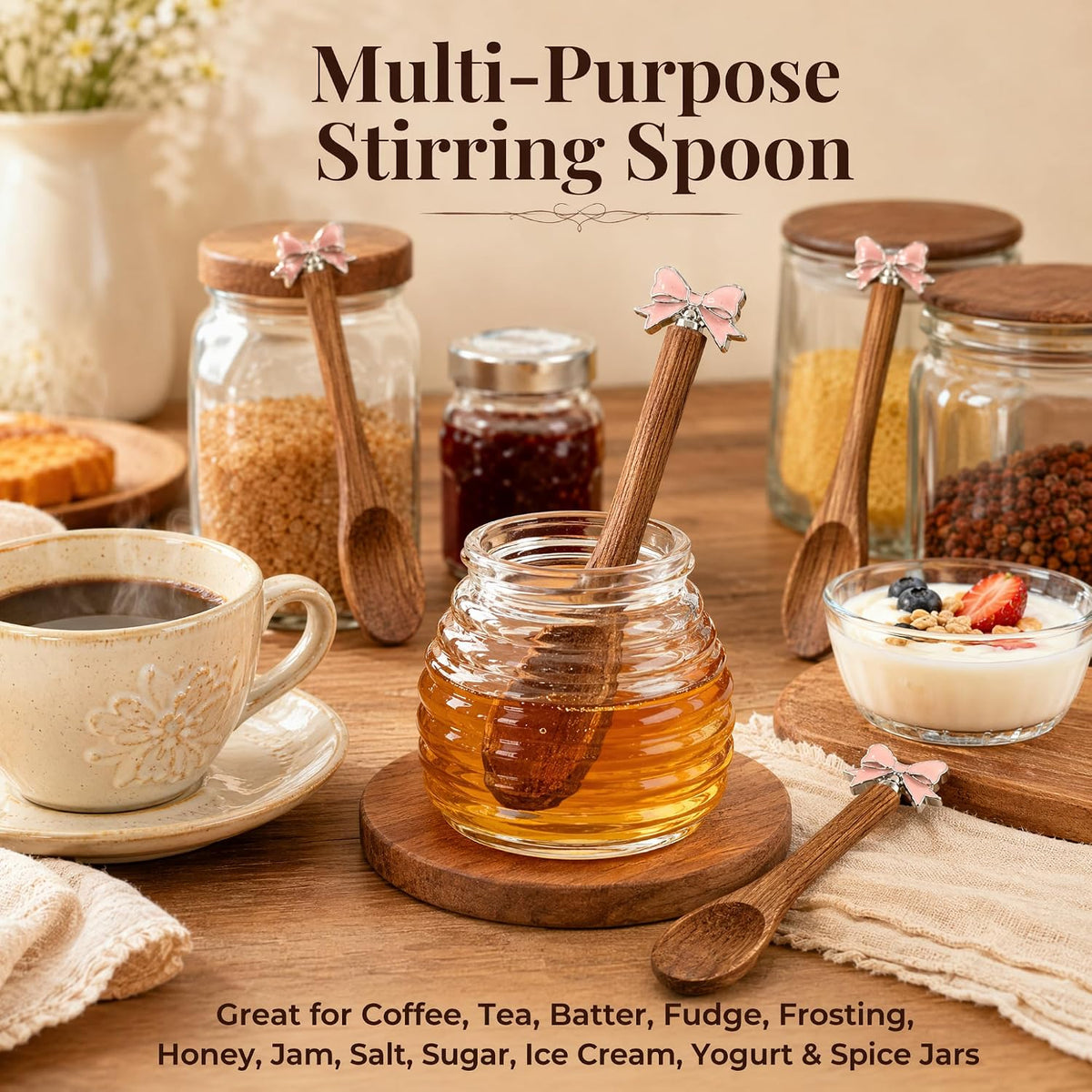 Wooden Stir Spoon for Honey Coffee Stirring Tea Yogurt Jars Small Spoon