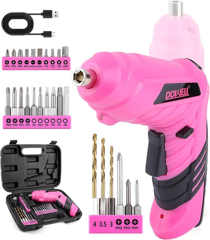 Pink Electric Screwdriver Set, Tools with 3.6V Screwdriver for Women