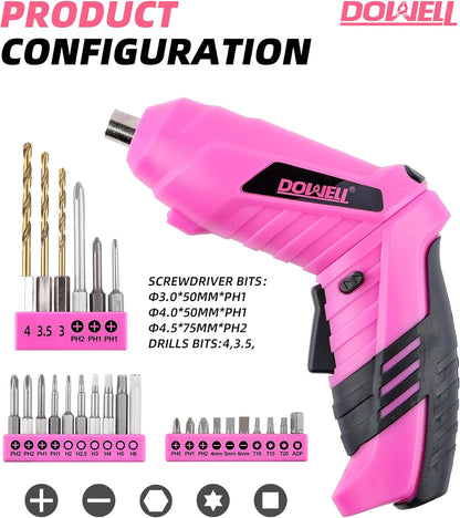 Pink Electric Screwdriver Set, Tools with 3.6V Screwdriver for Women
