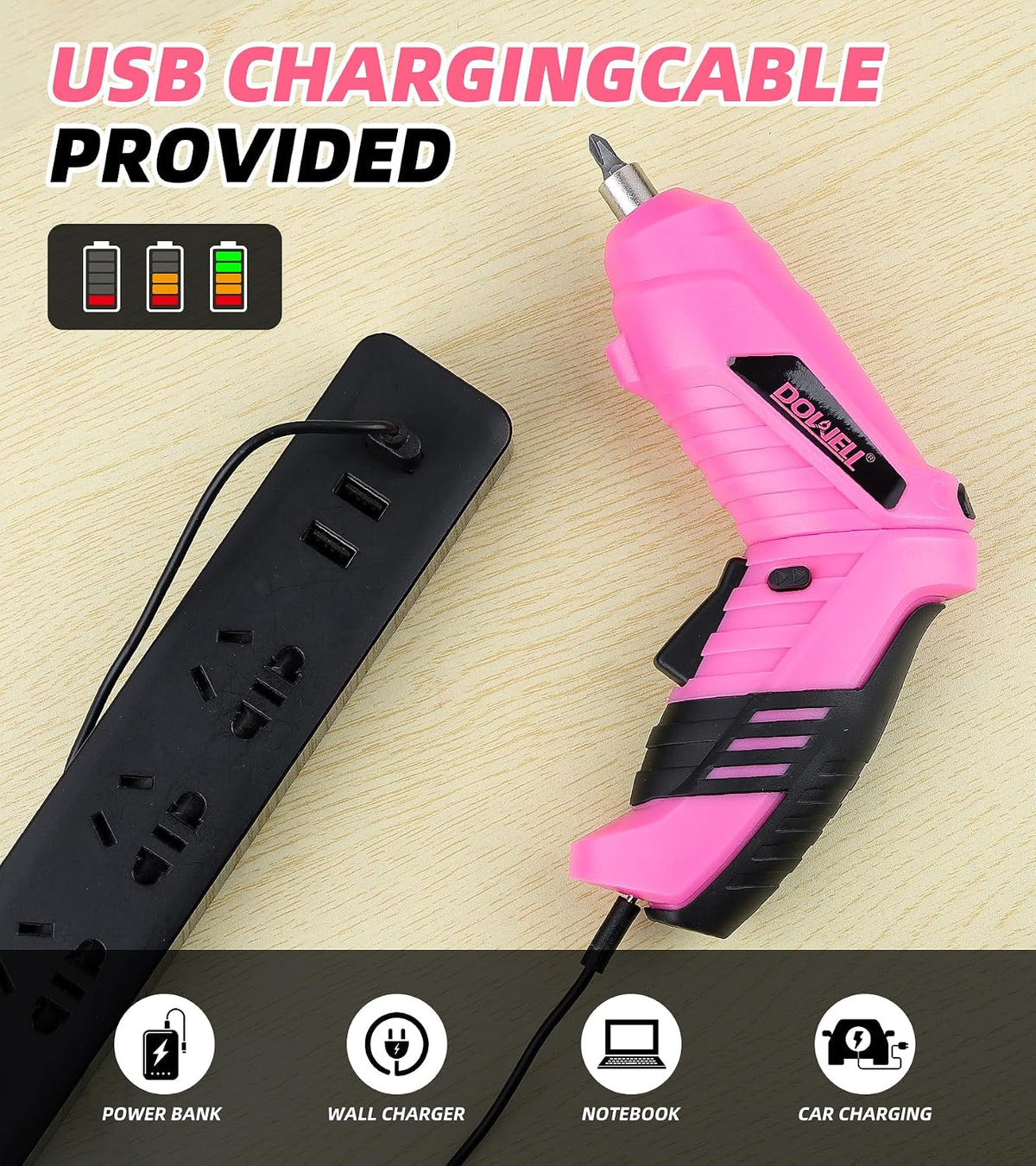 Pink Electric Screwdriver Set, Tools with 3.6V Screwdriver for Women