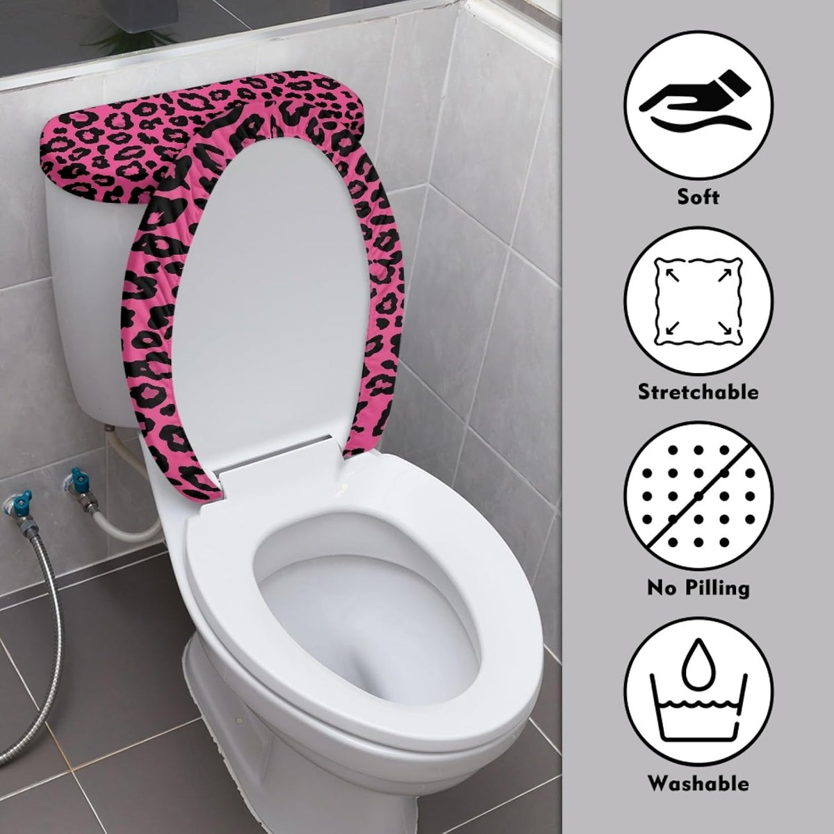 Pink Leopard Print Toilet Seat Cover Set 2 Piece Fashion Toilet Lid Dust Cover Soft Toilet Tank Lid Pads for Bathroom Decoration Universal Fit Size