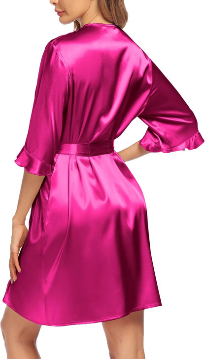 Women's Satin Robe Kimono Bathrobe Short Ruffle Sleeve Silk Robes