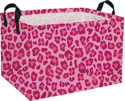 Rectangular Pink Basket Cute Storage Bins Organizer Box Room Decor for Home.(Pink leopard print)