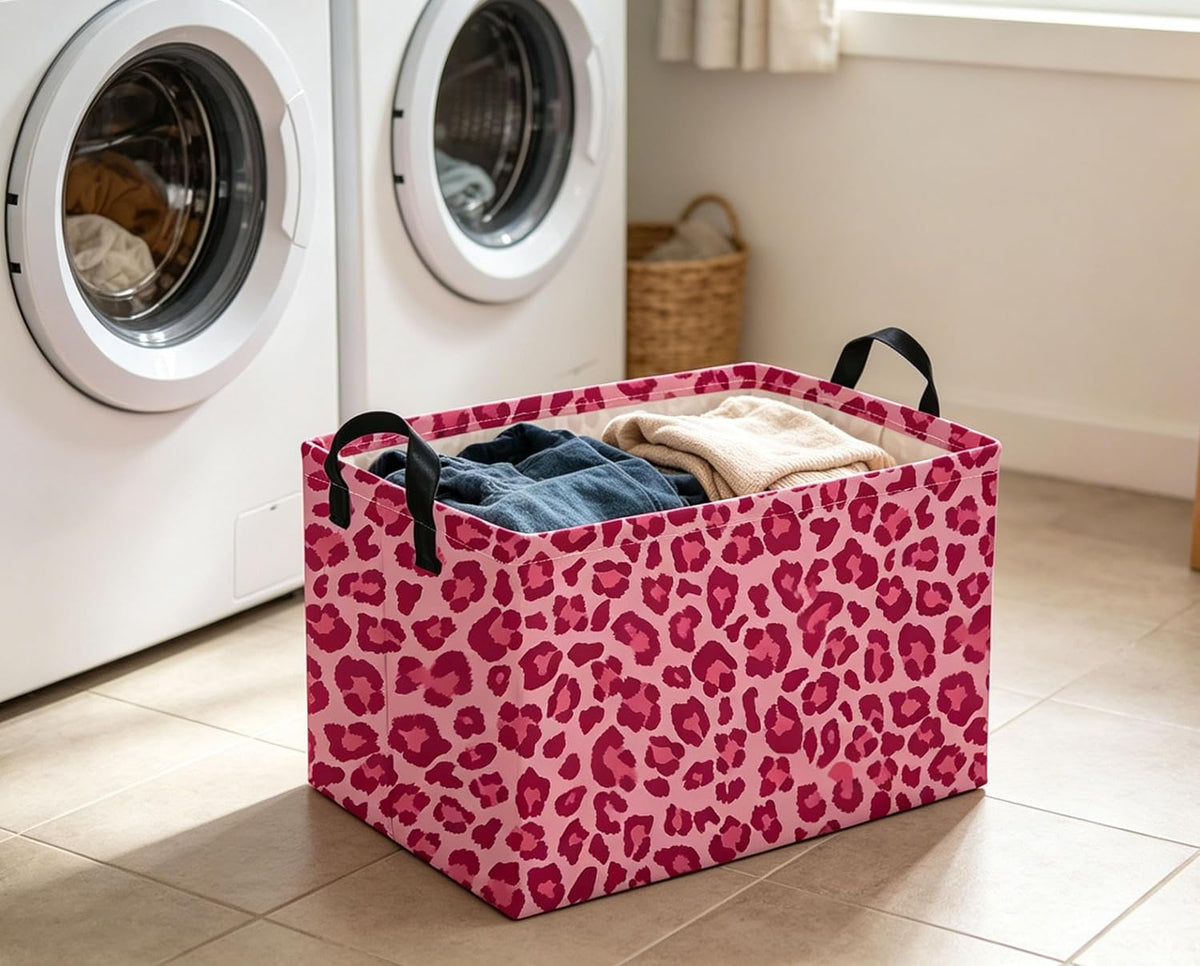 Rectangular Pink Basket Cute Storage Bins Organizer Box Room Decor for Home.(Pink leopard print)