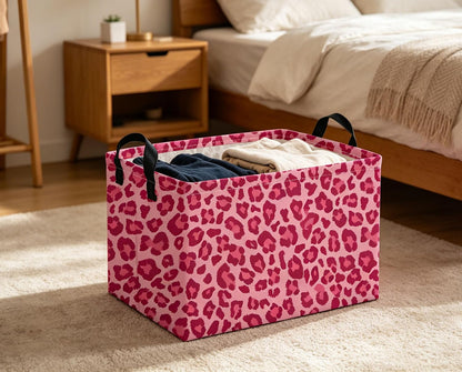 Rectangular Pink Basket Cute Storage Bins Organizer Box Room Decor for Home.(Pink leopard print)