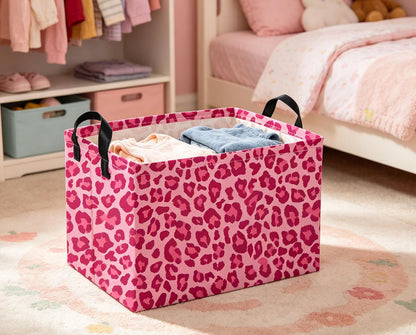 Rectangular Pink Basket Cute Storage Bins Organizer Box Room Decor for Home.(Pink leopard print)