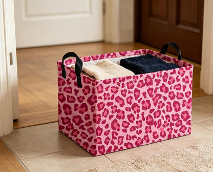 Rectangular Pink Basket Cute Storage Bins Organizer Box Room Decor for Home.(Pink leopard print)