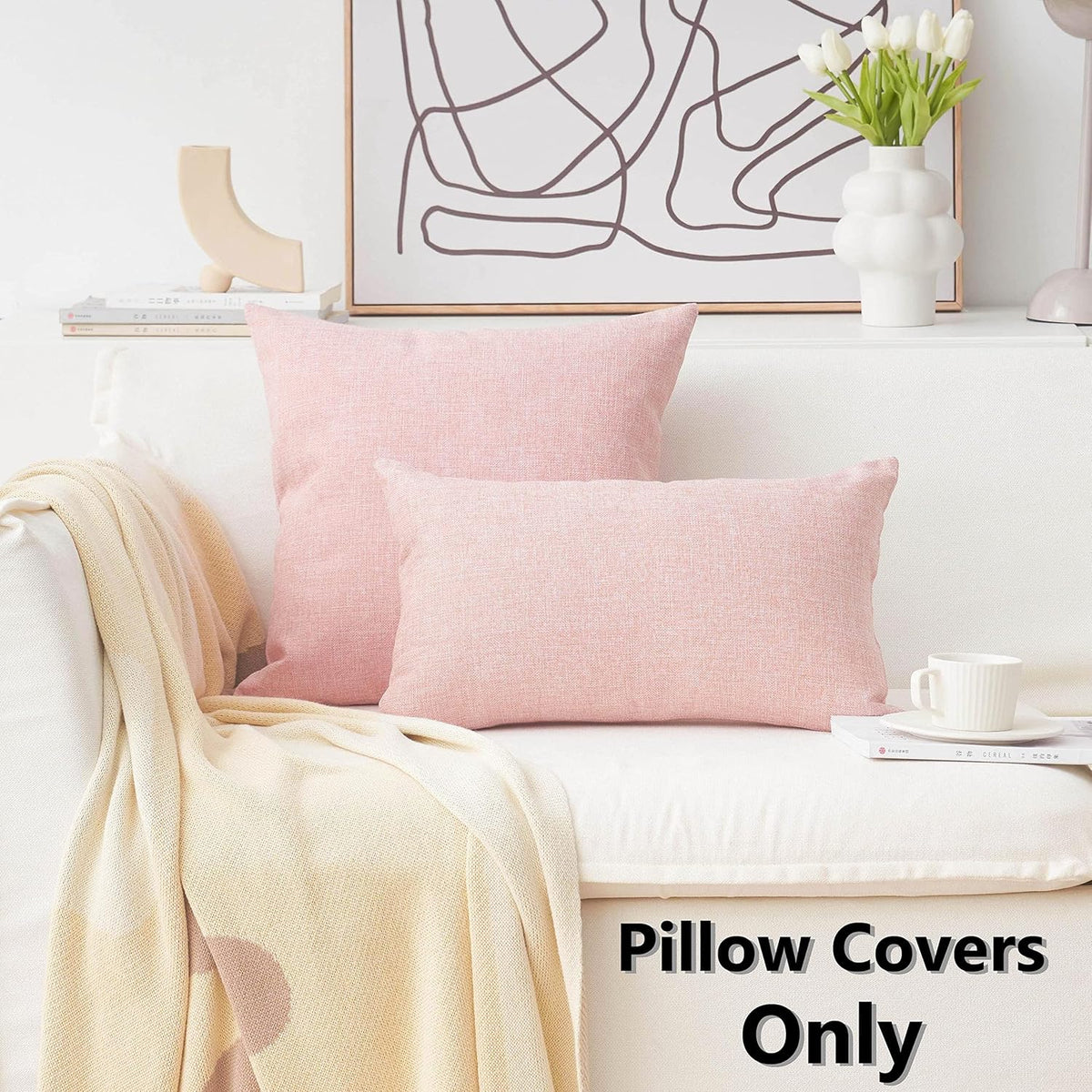 Decorative Pillow Covers Lined Linen Square Throw Pillows Cover for Sofa Bench Couch, Baby Pink, 18x18(45x45cm)