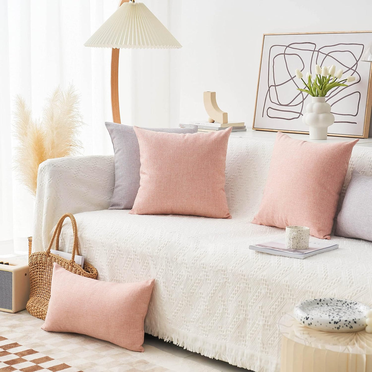 Decorative Pillow Covers Lined Linen Square Throw Pillows Cover for Sofa Bench Couch, Baby Pink, 18x18(45x45cm)