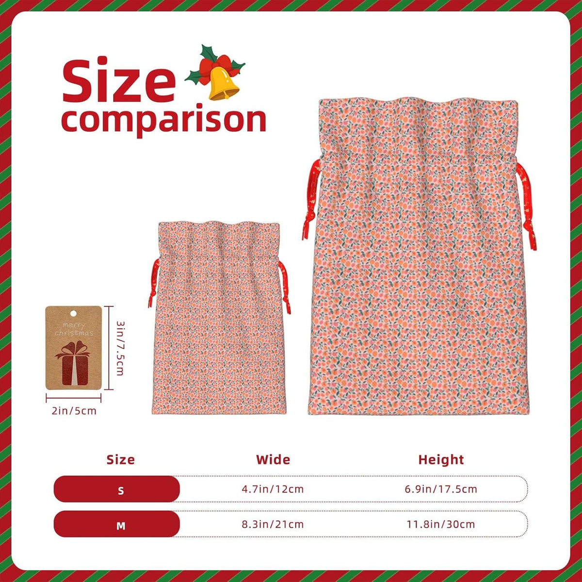 Pink Peach Pattern Seamless Pattern Printing Christmas Drawstring Gift Bags For Holiday Xmas Birthday Party Present Sacks