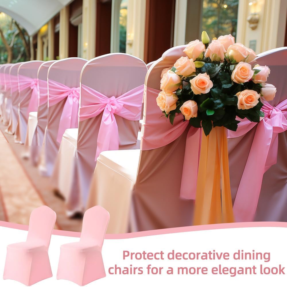 Chair Cover 2 Pcs Pink Polyester Spandex Banquet Chair Covers Slipcover Flat Front Stretch Spandex Chair Covers for Wedding Banquet Dining Party Decorations (Pink)