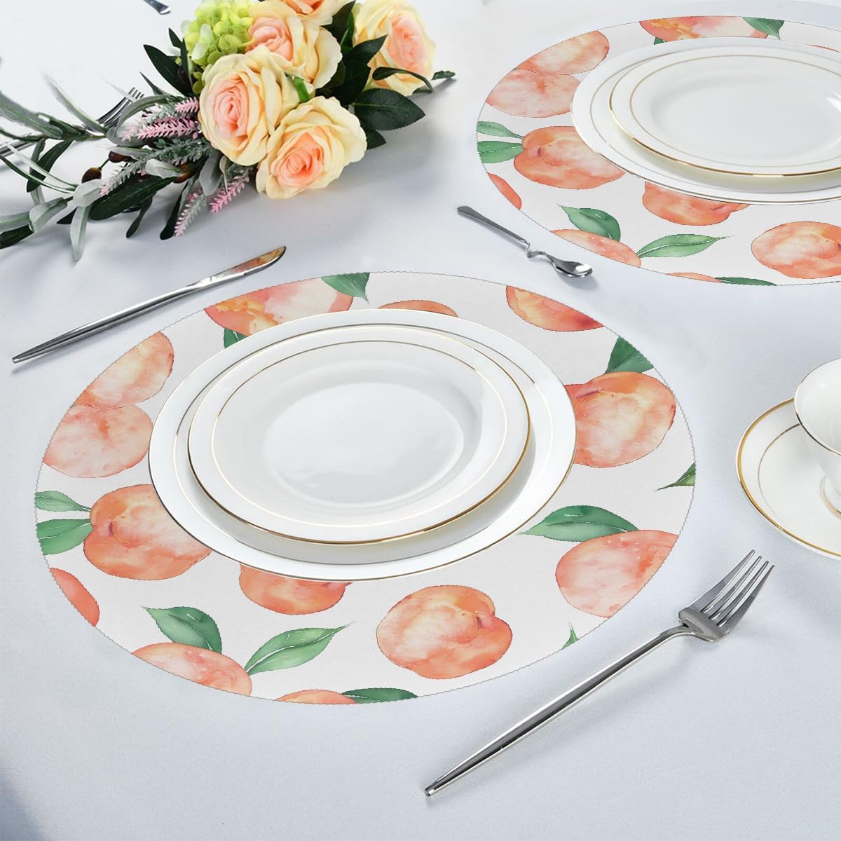 Round Placemat Set of 6 for Dining Table Fruit Peach Pattern Place Mats Washable Heat Resistant Table Mat for Kitchen Decoration