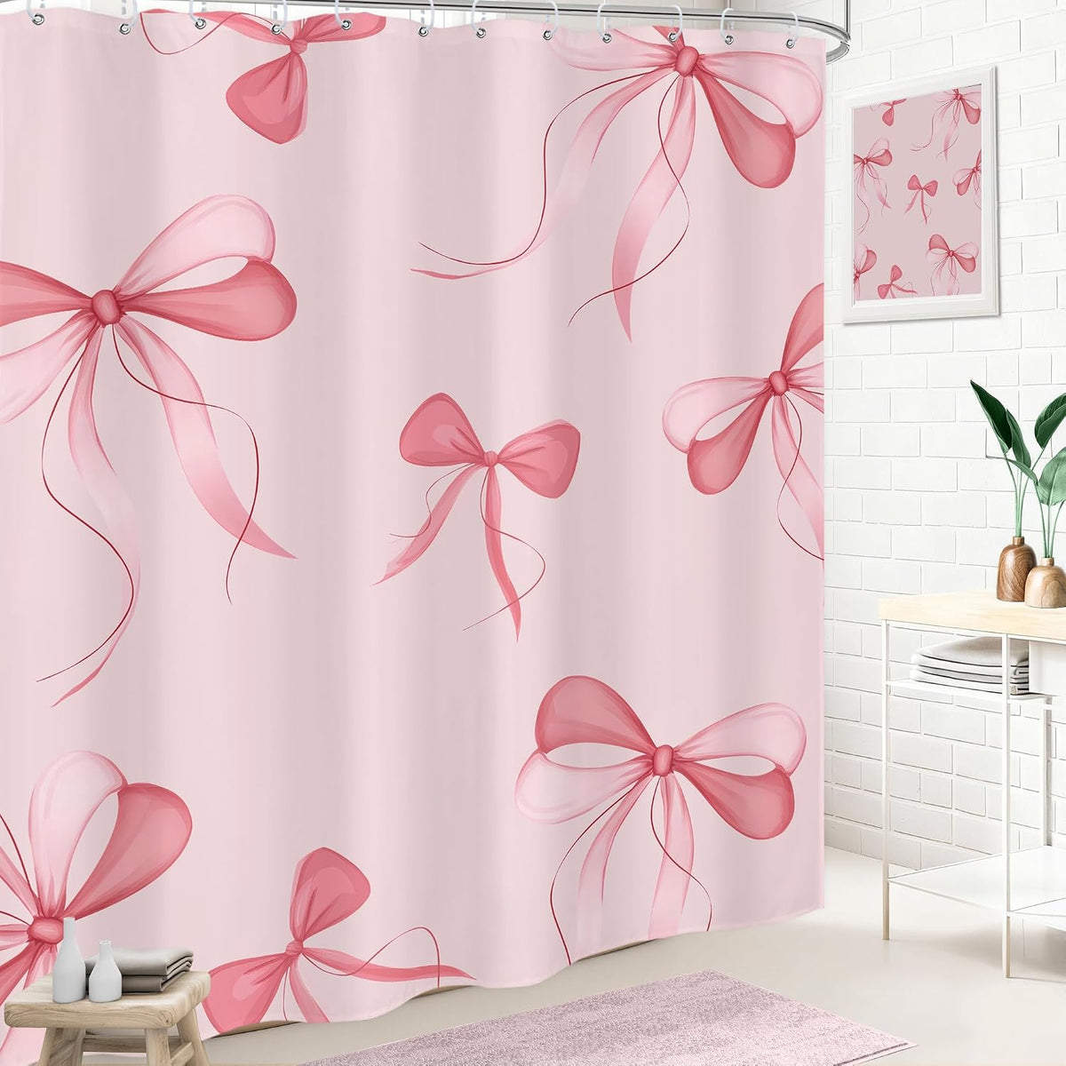 Pink Bow Shower Curtain 72x72 Cute Girly Bathroom Decor