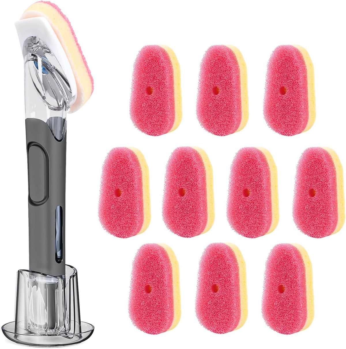 Soap Dispensing Dish Brush Set with 10 Sponge Refills and Holder