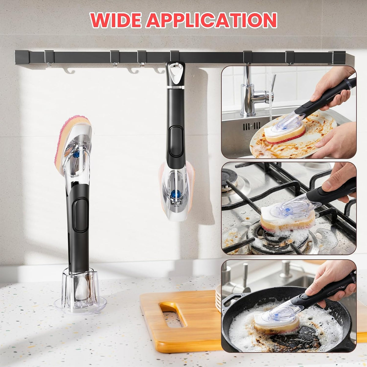 Soap Dispensing Dish Brush Set with 10 Sponge Refills and Holder