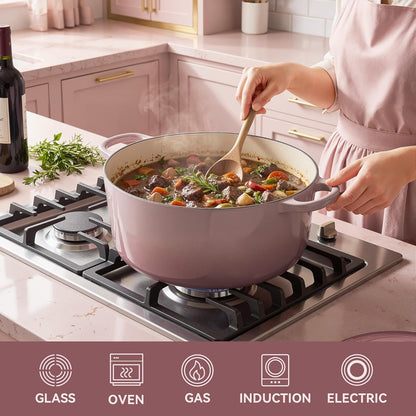 Vintage Style 6 Quart Dutch Oven Pot with Lid, Non Stick Enameled Cast Iron Dutch Oven for Bread Baking, Heavy-Duty, Oven Safe Ceramic Cookware Up to 500°F for Baking, Braising, Stews, Roasting, Pink