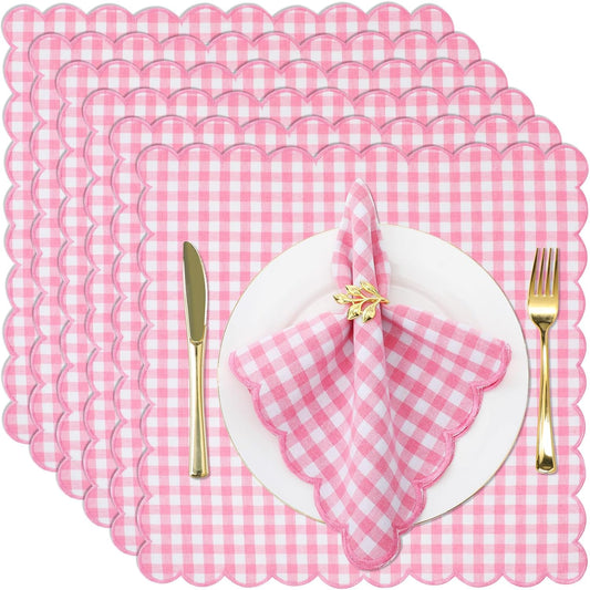 12 Pack Buffalo Plaid Cloth Napkins 18x18 Inch Checkered Cloth Napkins Scalloped Soft Cotton Table Mat Washable Reusable for Dinner Wedding Holiday Birthday Parties (Classic,Pink)