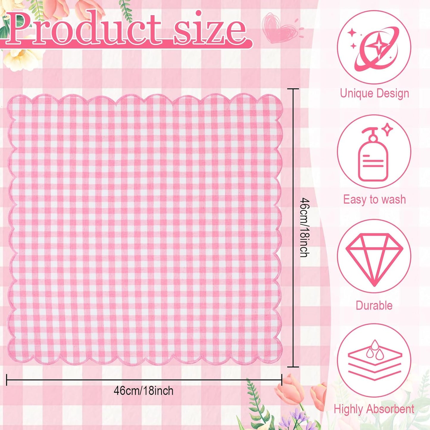 12 Pack Buffalo Plaid Cloth Napkins 18x18 Inch Checkered Cloth Napkins Scalloped Soft Cotton Table Mat Washable Reusable for Dinner Wedding Holiday Birthday Parties (Classic,Pink)