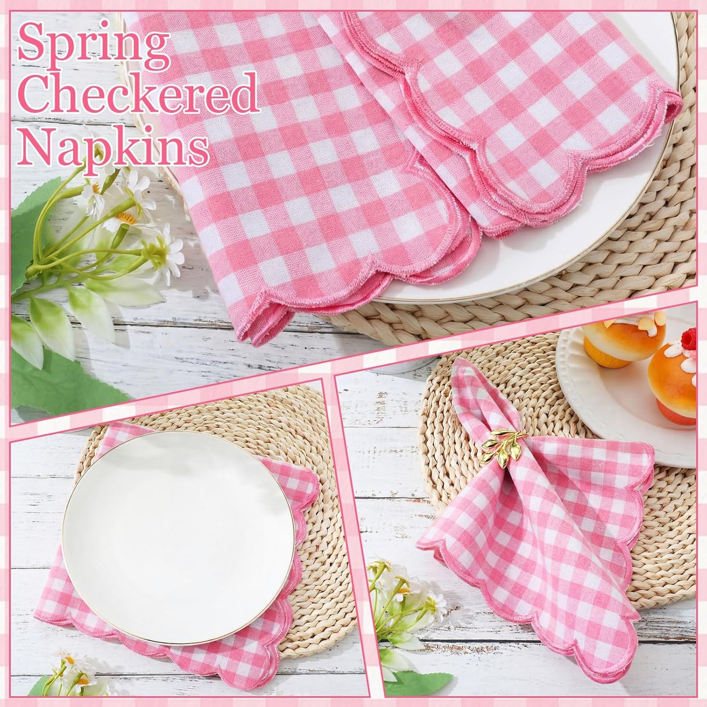 12 Pack Buffalo Plaid Cloth Napkins 18x18 Inch Checkered Cloth Napkins Scalloped Soft Cotton Table Mat Washable Reusable for Dinner Wedding Holiday Birthday Parties (Classic,Pink)