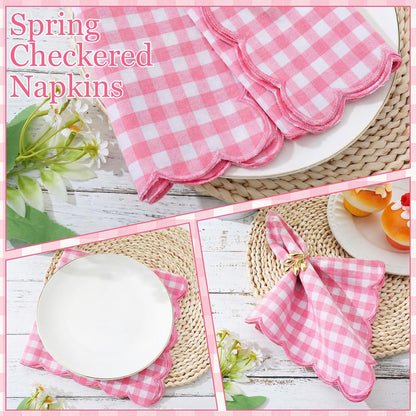12 Pack Buffalo Plaid Cloth Napkins 18x18 Inch Checkered Cloth Napkins Scalloped Soft Cotton Table Mat Washable Reusable for Dinner Wedding Holiday Birthday Parties (Classic,Pink)