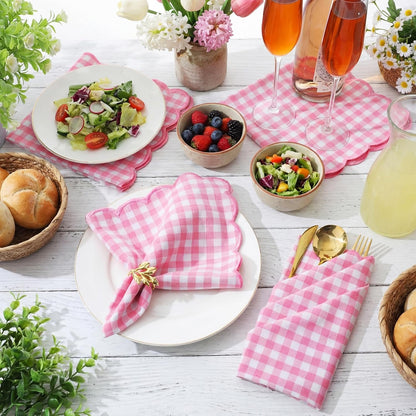 12 Pack Buffalo Plaid Cloth Napkins 18x18 Inch Checkered Cloth Napkins Scalloped Soft Cotton Table Mat Washable Reusable for Dinner Wedding Holiday Birthday Parties (Classic,Pink)