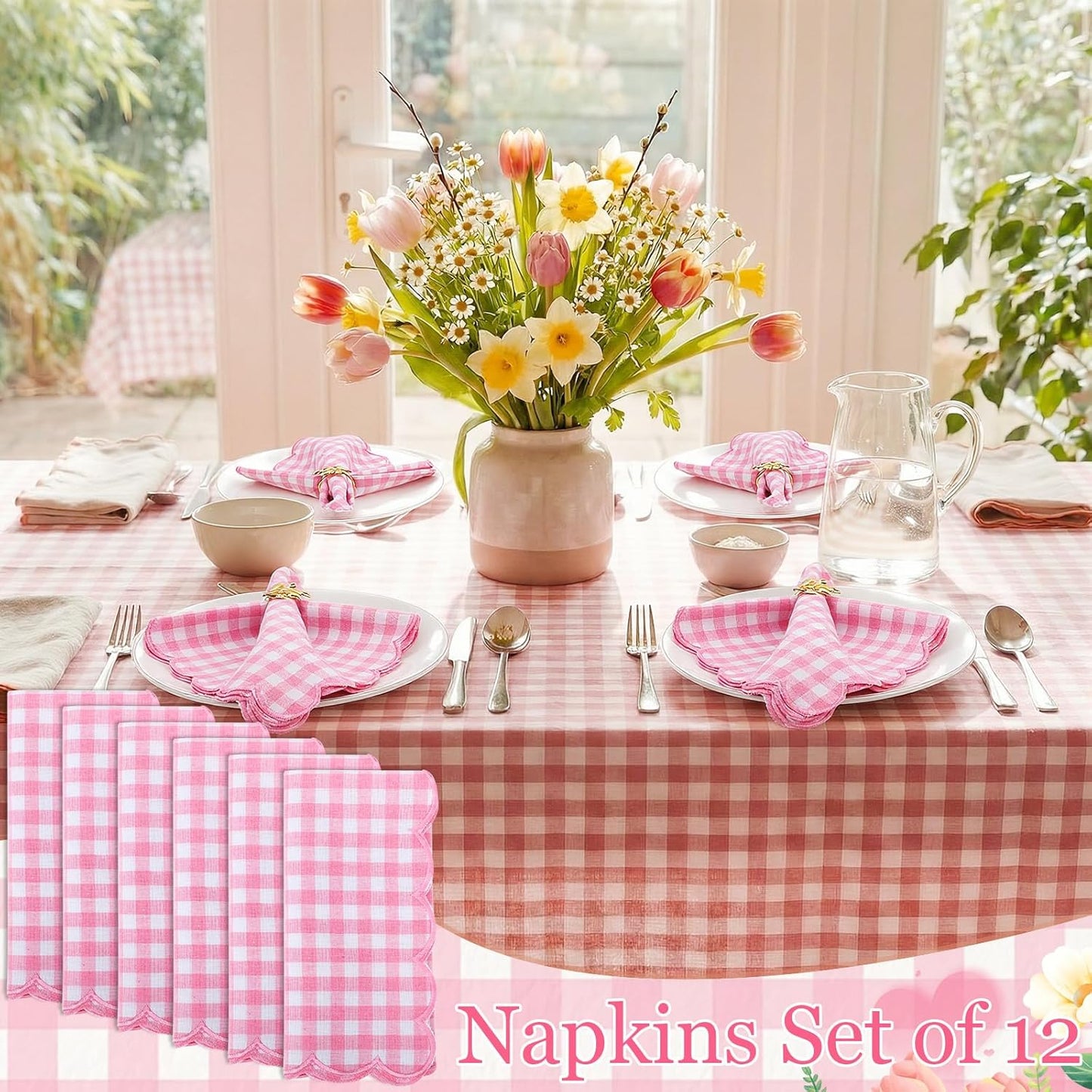 12 Pack Buffalo Plaid Cloth Napkins 18x18 Inch Checkered Cloth Napkins Scalloped Soft Cotton Table Mat Washable Reusable for Dinner Wedding Holiday Birthday Parties (Classic,Pink)