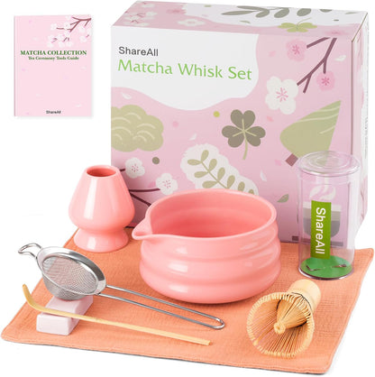Matcha Whisk Set – 7-Piece Matcha Set & Complete Matcha Kit with Glossy Pink Ceramic Bowl, Bamboo Chasen, Sifter – Coffee Alternative, All-in-One Lattes & Tea Ceremony, Gift for Her (Pink)