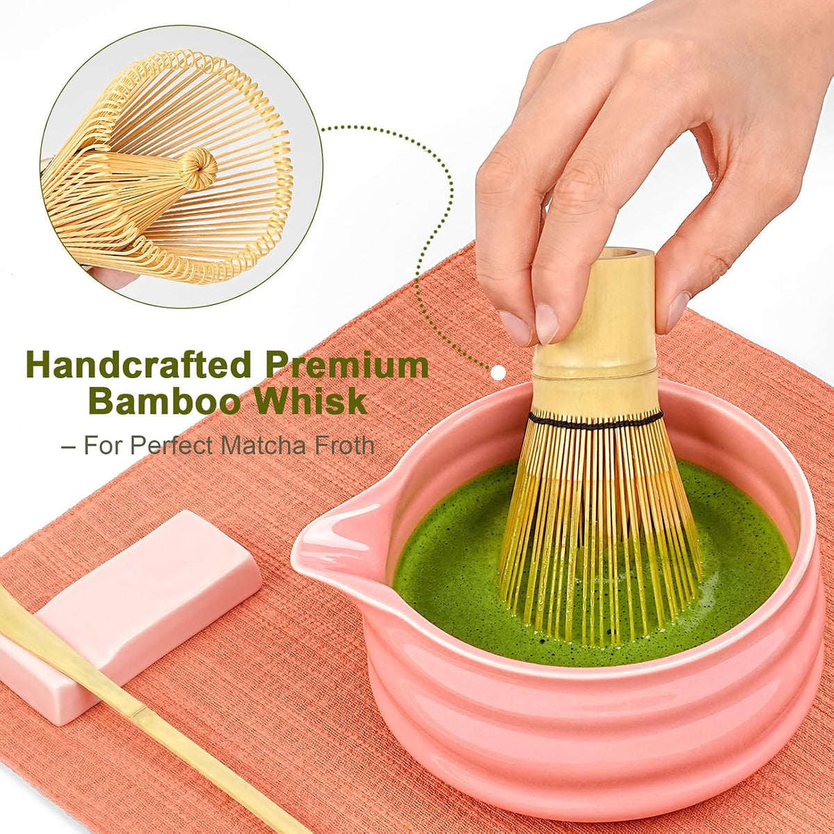 Matcha Whisk Set – 7-Piece Matcha Set & Complete Matcha Kit with Glossy Pink Ceramic Bowl, Bamboo Chasen, Sifter – Coffee Alternative, All-in-One Lattes & Tea Ceremony, Gift for Her (Pink)