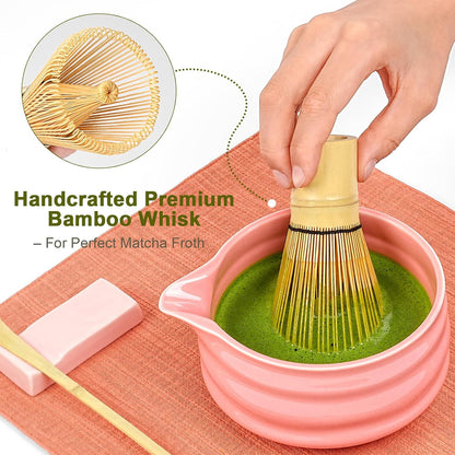 Matcha Whisk Set – 7-Piece Matcha Set & Complete Matcha Kit with Glossy Pink Ceramic Bowl, Bamboo Chasen, Sifter – Coffee Alternative, All-in-One Lattes & Tea Ceremony, Gift for Her (Pink)