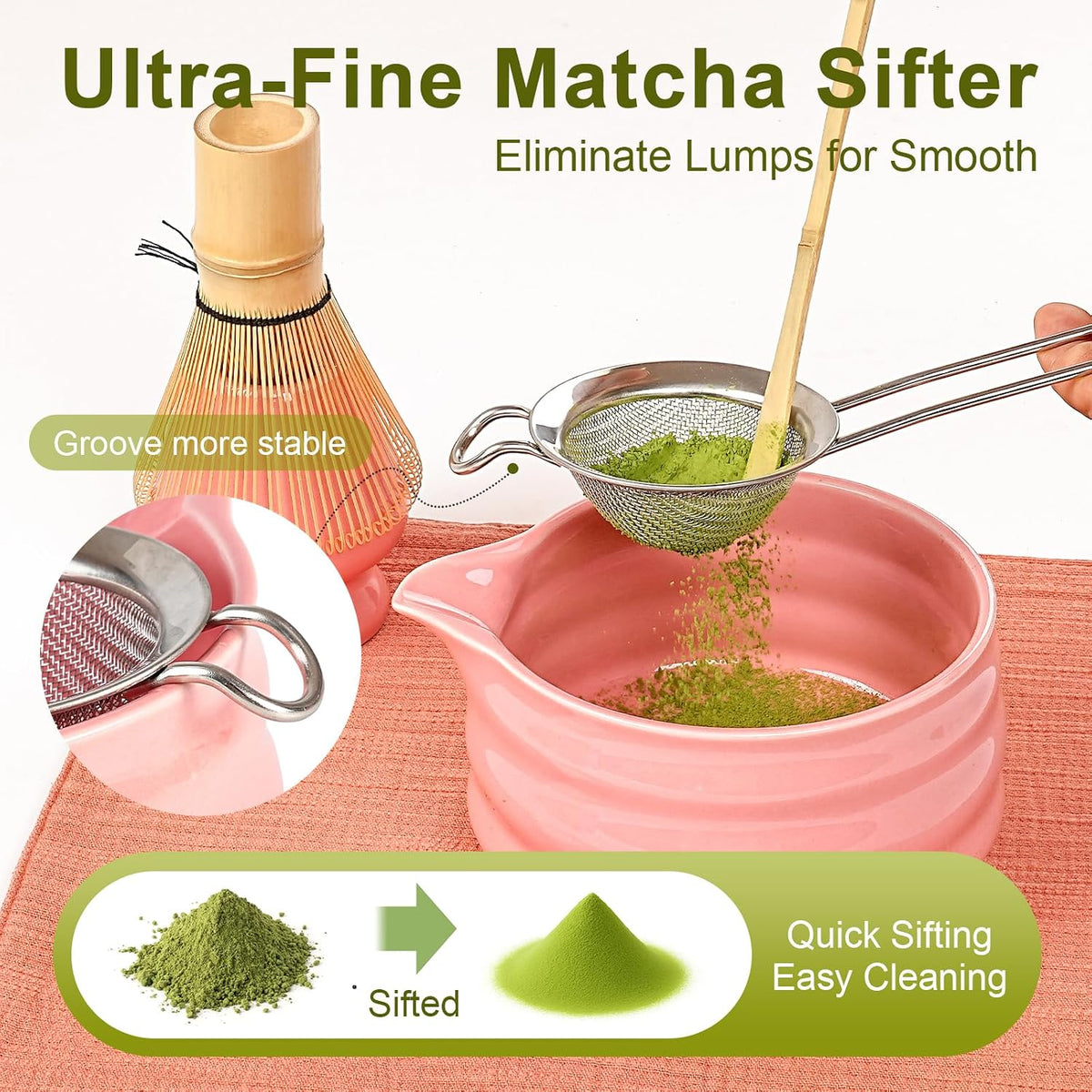 Matcha Whisk Set – 7-Piece Matcha Set & Complete Matcha Kit with Glossy Pink Ceramic Bowl, Bamboo Chasen, Sifter – Coffee Alternative, All-in-One Lattes & Tea Ceremony, Gift for Her (Pink)