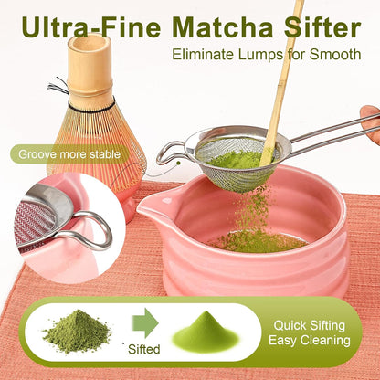Matcha Whisk Set – 7-Piece Matcha Set & Complete Matcha Kit with Glossy Pink Ceramic Bowl, Bamboo Chasen, Sifter – Coffee Alternative, All-in-One Lattes & Tea Ceremony, Gift for Her (Pink)