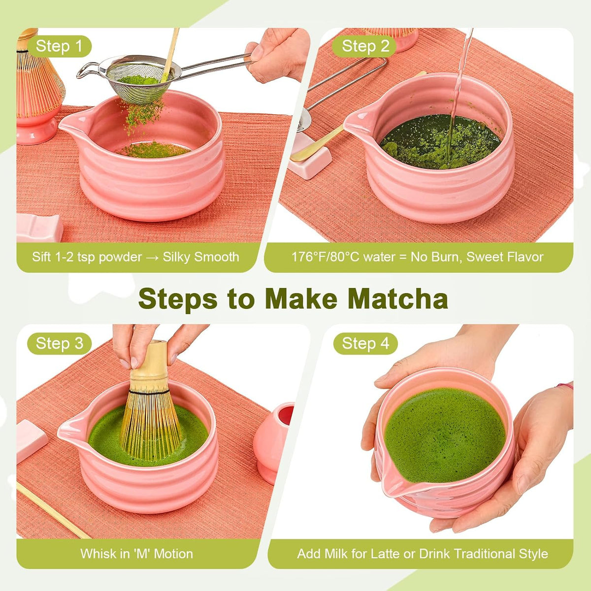 Matcha Whisk Set – 7-Piece Matcha Set & Complete Matcha Kit with Glossy Pink Ceramic Bowl, Bamboo Chasen, Sifter – Coffee Alternative, All-in-One Lattes & Tea Ceremony, Gift for Her (Pink)