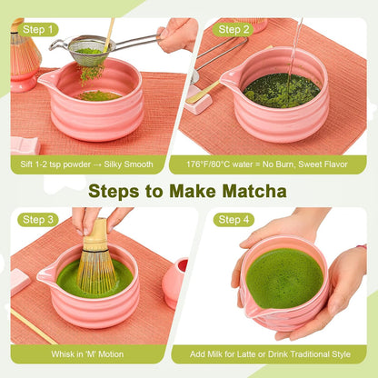 Matcha Whisk Set – 7-Piece Matcha Set & Complete Matcha Kit with Glossy Pink Ceramic Bowl, Bamboo Chasen, Sifter – Coffee Alternative, All-in-One Lattes & Tea Ceremony, Gift for Her (Pink)