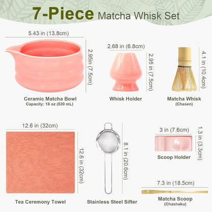 Matcha Whisk Set – 7-Piece Matcha Set & Complete Matcha Kit with Glossy Pink Ceramic Bowl, Bamboo Chasen, Sifter – Coffee Alternative, All-in-One Lattes & Tea Ceremony, Gift for Her (Pink)