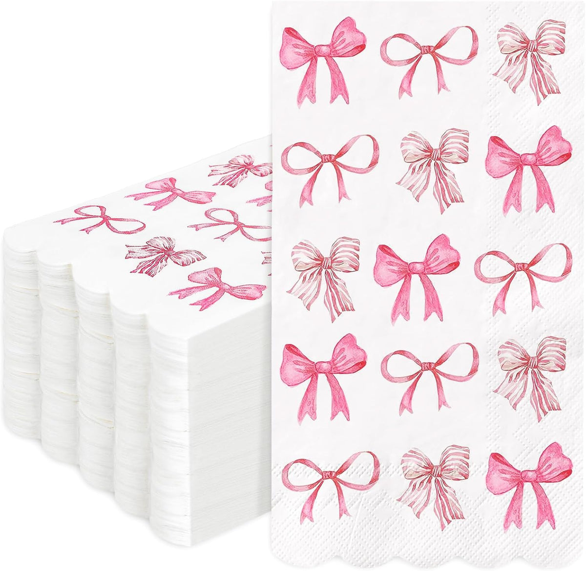100Pcs Pink Bow Guest Napkins Watercolor Coquette Bow Disposable Paper Napkins Scalloped Edge Dinner Hand Napkin for Wedding Birthday Party Supplies