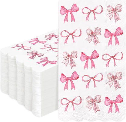 100Pcs Pink Bow Guest Napkins Watercolor Coquette Bow Disposable Paper Napkins Scalloped Edge Dinner Hand Napkin for Wedding Birthday Party Supplies