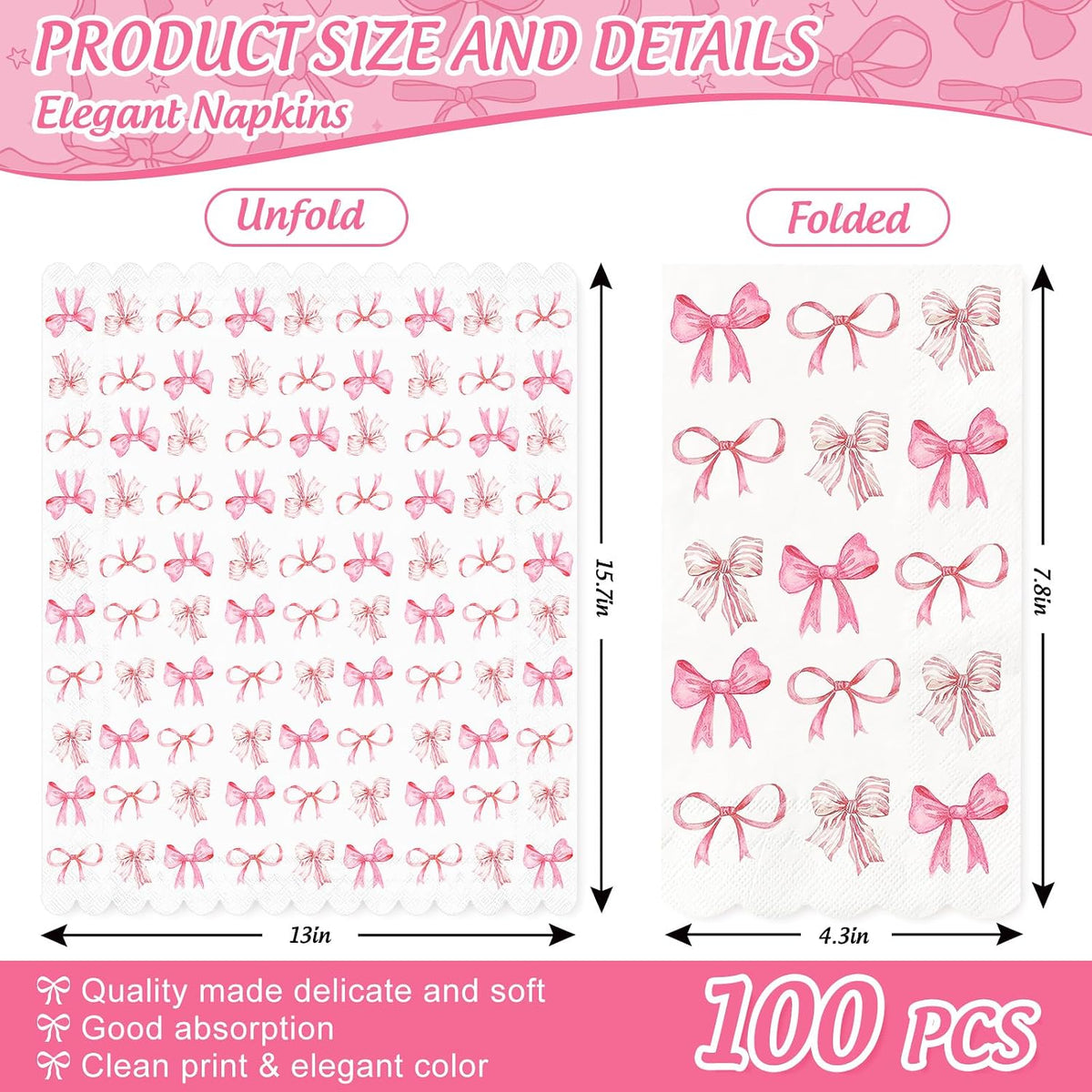 100Pcs Pink Bow Guest Napkins Watercolor Coquette Bow Disposable Paper Napkins Scalloped Edge Dinner Hand Napkin for Wedding Birthday Party Supplies