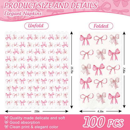 100Pcs Pink Bow Guest Napkins Watercolor Coquette Bow Disposable Paper Napkins Scalloped Edge Dinner Hand Napkin for Wedding Birthday Party Supplies