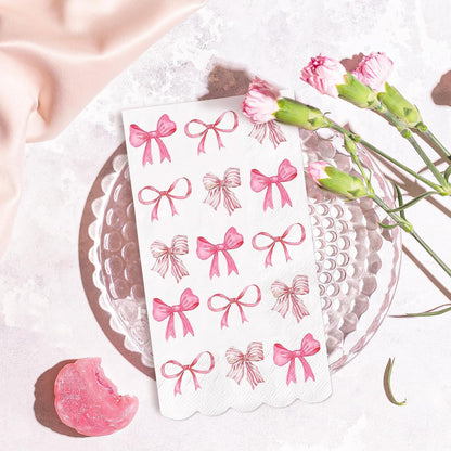 100Pcs Pink Bow Guest Napkins Watercolor Coquette Bow Disposable Paper Napkins Scalloped Edge Dinner Hand Napkin for Wedding Birthday Party Supplies