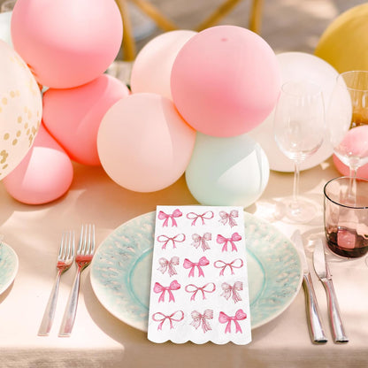 100Pcs Pink Bow Guest Napkins Watercolor Coquette Bow Disposable Paper Napkins Scalloped Edge Dinner Hand Napkin for Wedding Birthday Party Supplies