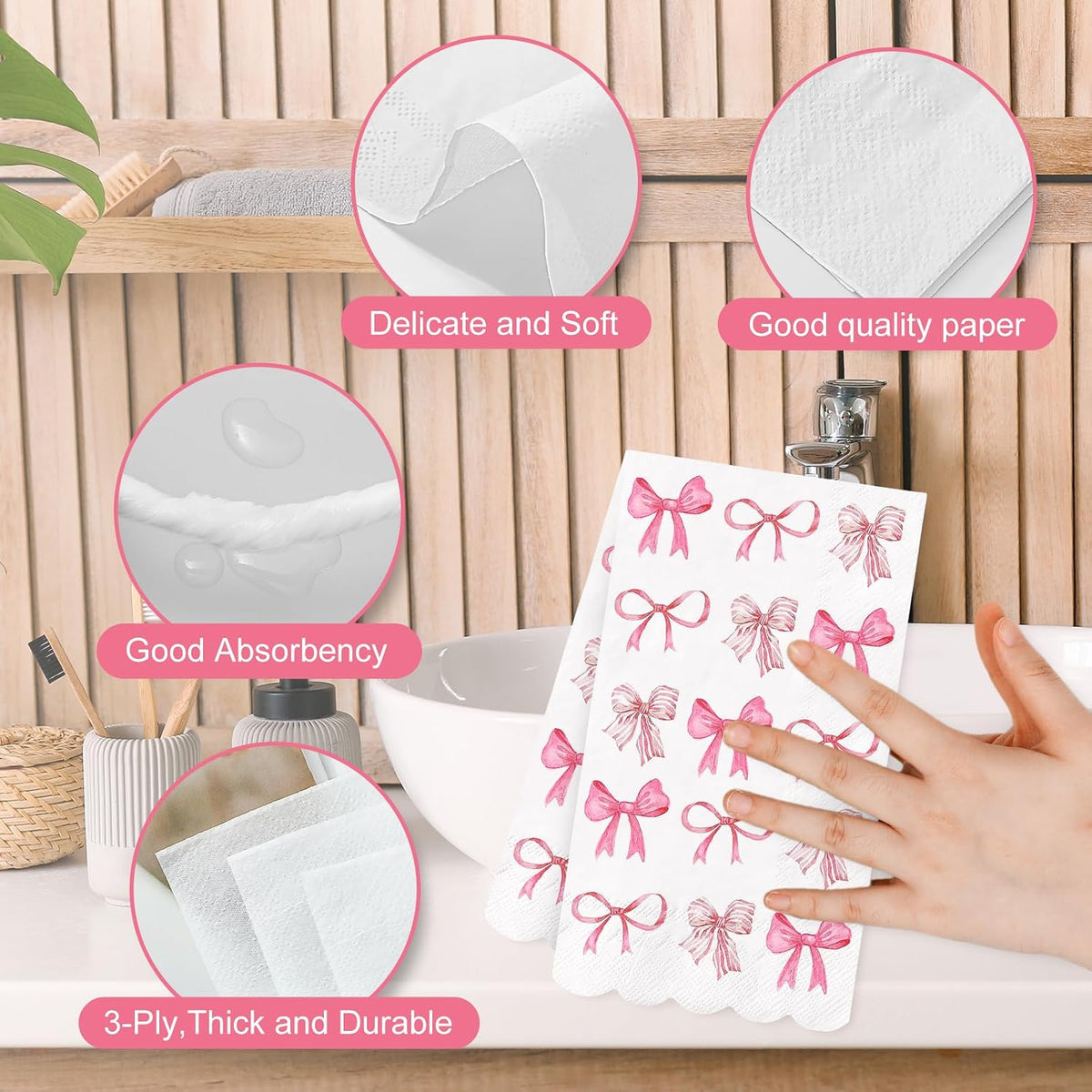100Pcs Pink Bow Guest Napkins Watercolor Coquette Bow Disposable Paper Napkins Scalloped Edge Dinner Hand Napkin for Wedding Birthday Party Supplies