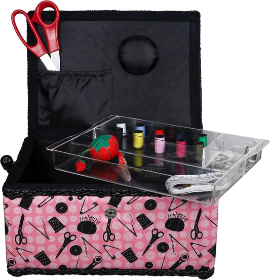 07276 Sewing Basket with Sewing Kit Accessories, Pink & Black